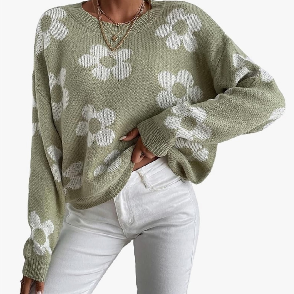 OYOANGLE Ribbed Knit Long Sleeve Floral Shoulder Loose Sweater